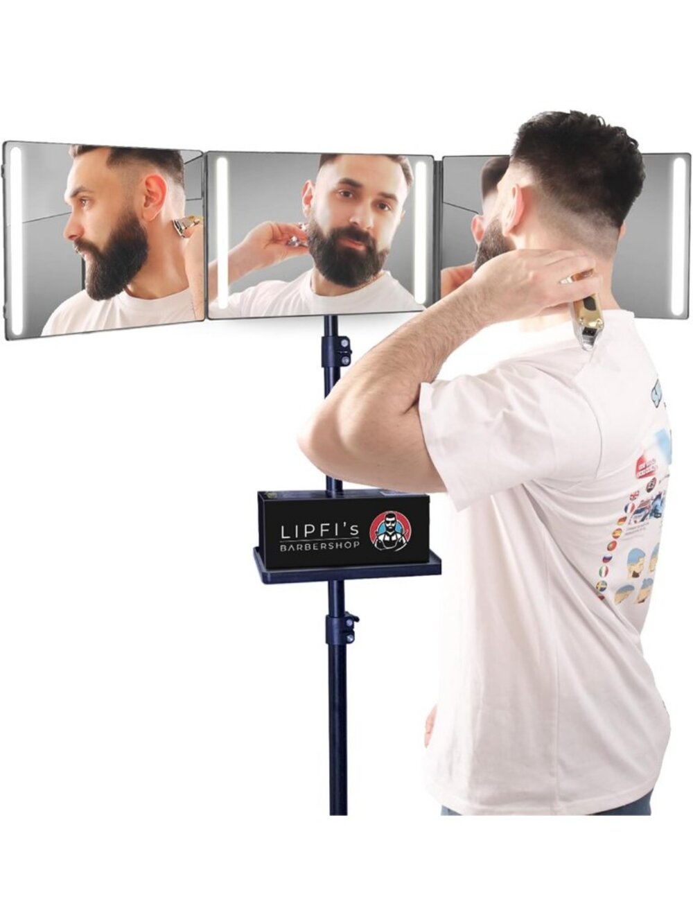 360° Tripod Mirror with 4 LED Lights - 3-Way Self Hair Cutting System & Tray